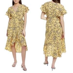 Max Studio Floral Print High Low Crepe Wrap Midi Dress Yellow Women's Size Small
